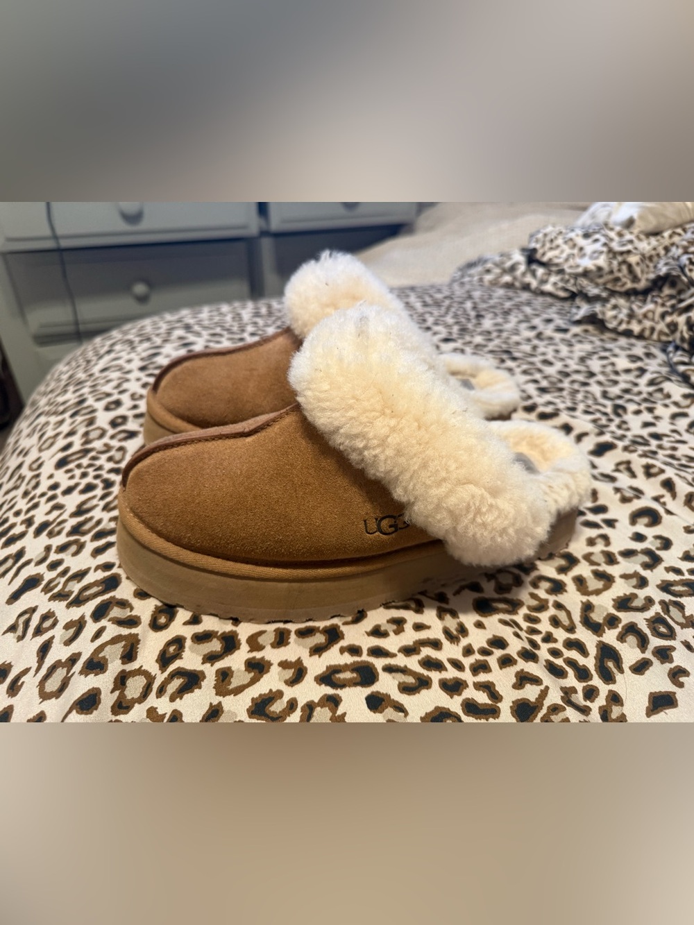 Platform UGG Chestnut Suede Slippers with Cream Collar